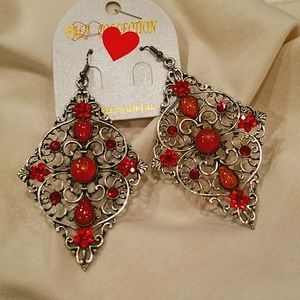Silver Scroll Earrings with red accents NEW boho Gypsy